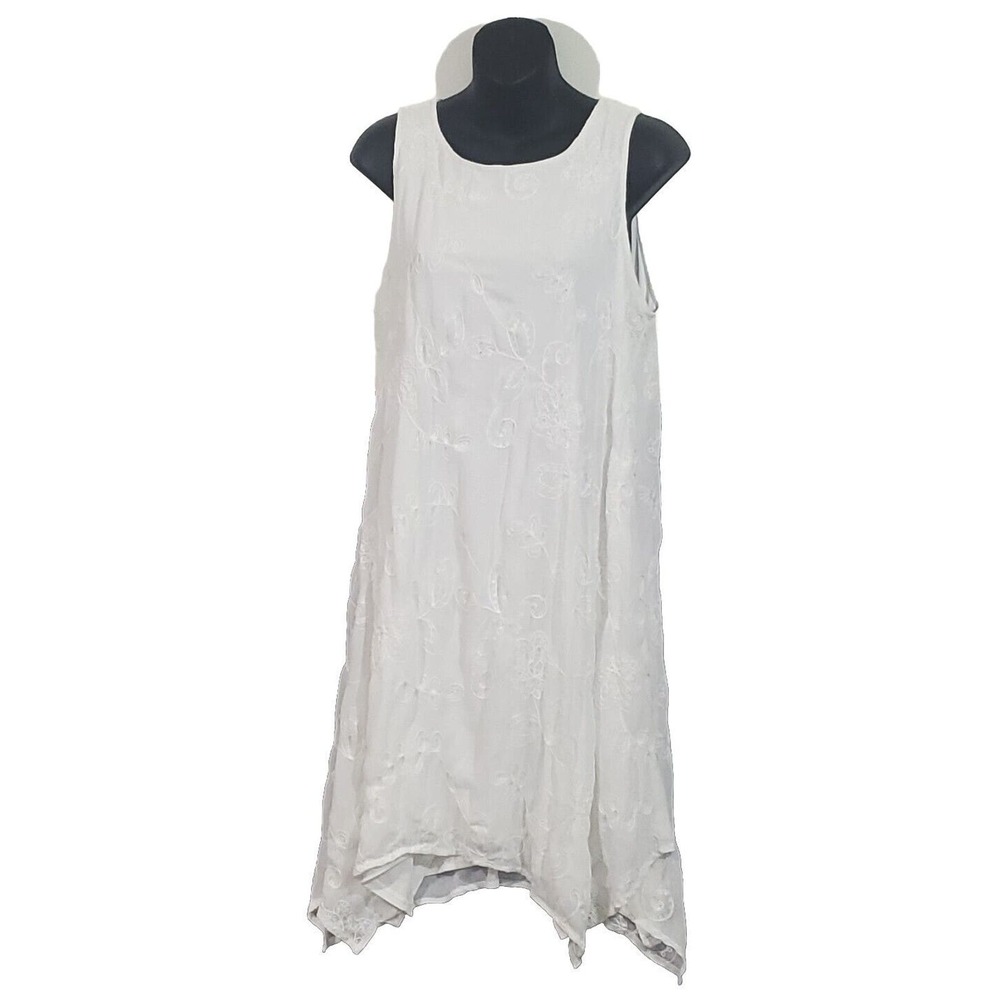 Elle Medium White Embroidered Back Bow Sleeveless Lined Shark Bite Hem Sundress